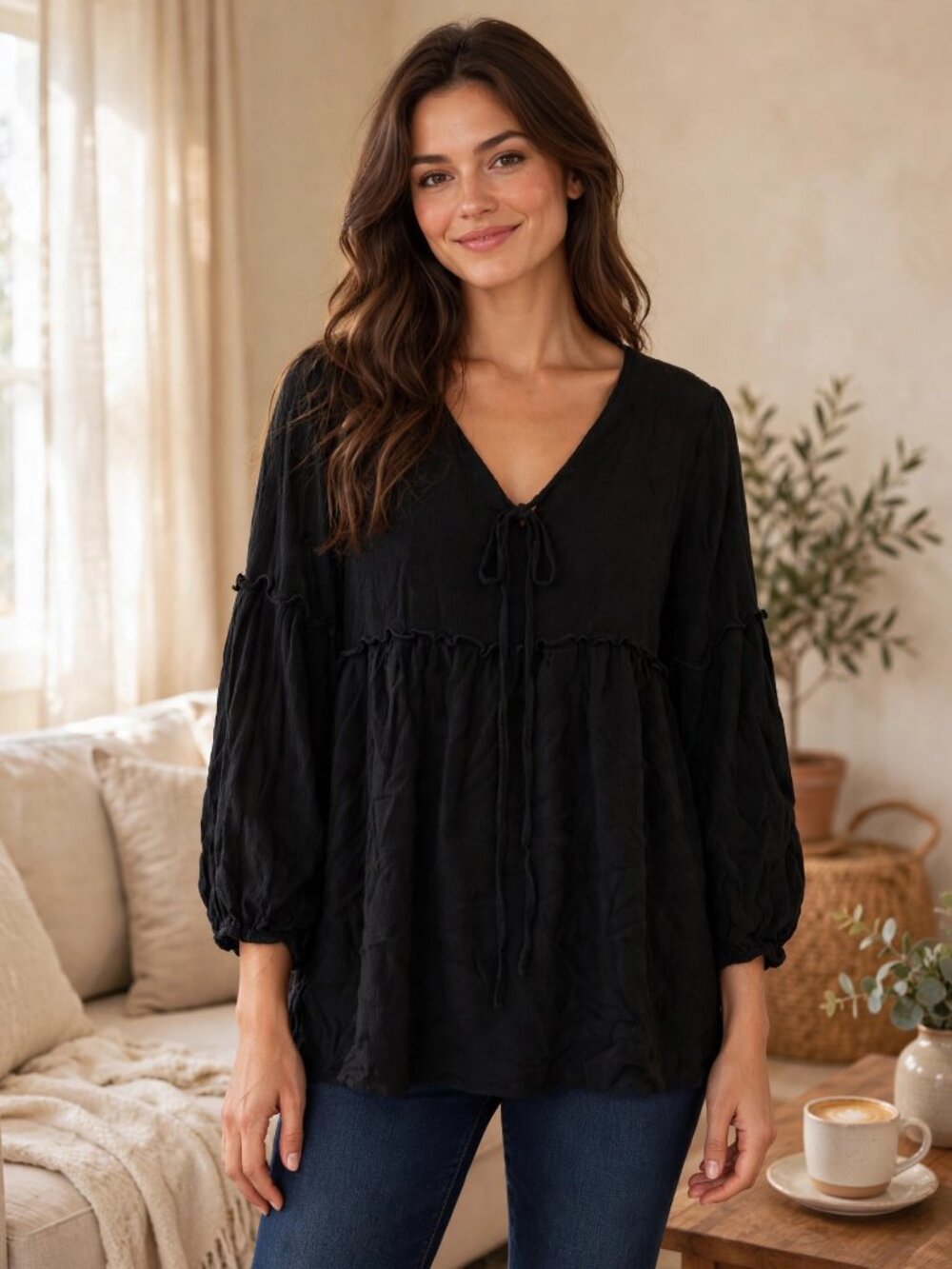 Mittoshop Black Babydoll Blouse Tie Front V-Neck Boho Peasant Top Flowy M
